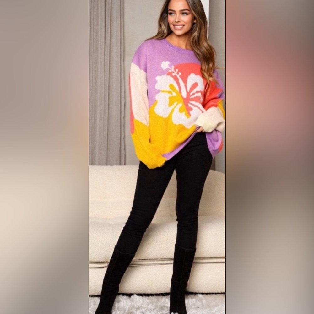 Guava Rose Flower Oversized Relaxed Fit Knit Sweater - Picture 6 of 6